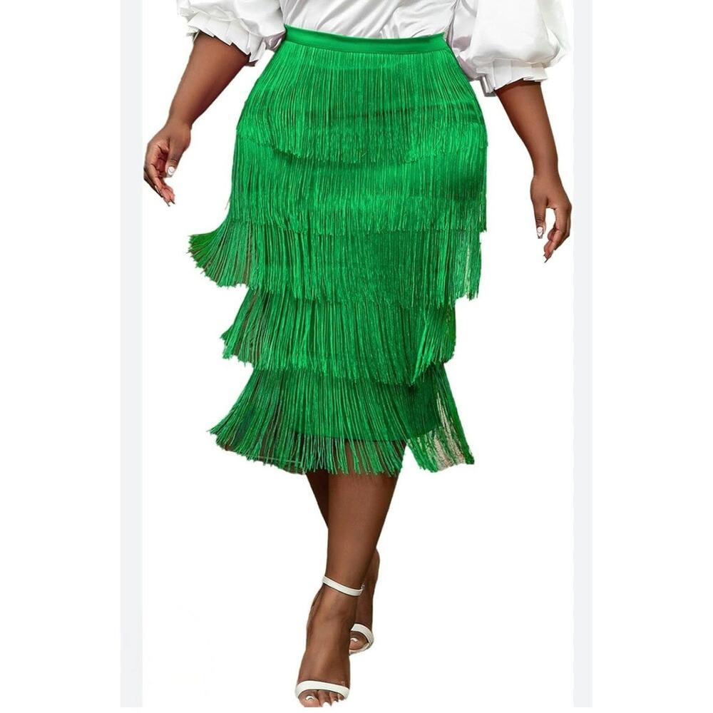 AOMEI NWT High Waist Fringe Tiered Bodycon Pencil Midi Skirt Medium/Large Green